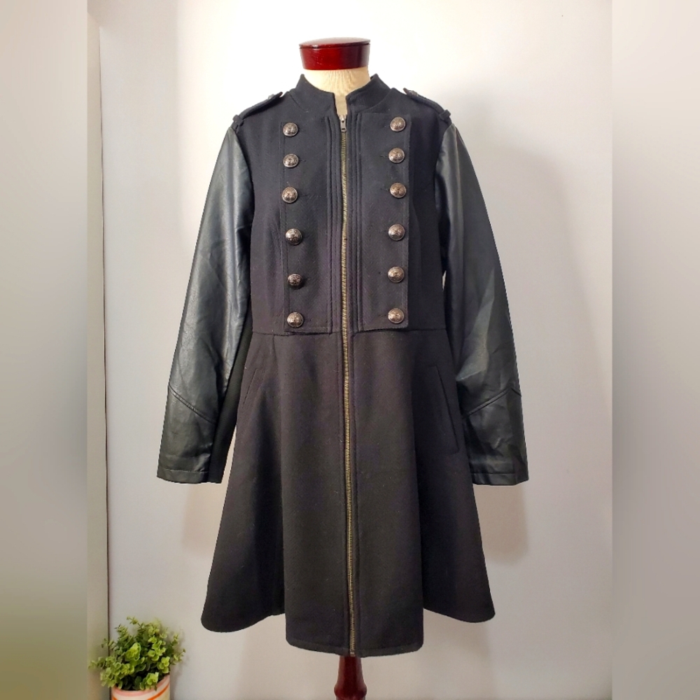Military-Style Black Women's Coat with Leather Sleeves